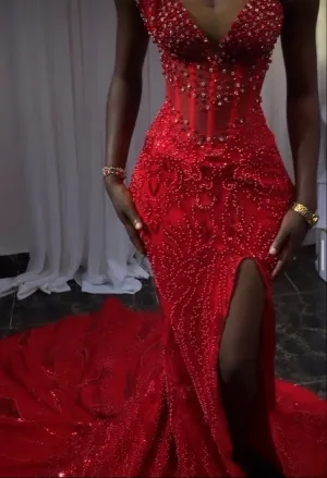 Stunning Red Mermaid Prom Gown Evening Dress for Women    fg7386