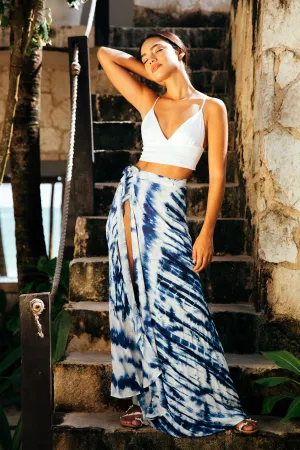 SukiSo Women's Maxi Wrap Skirt in Blue Tie-Dye