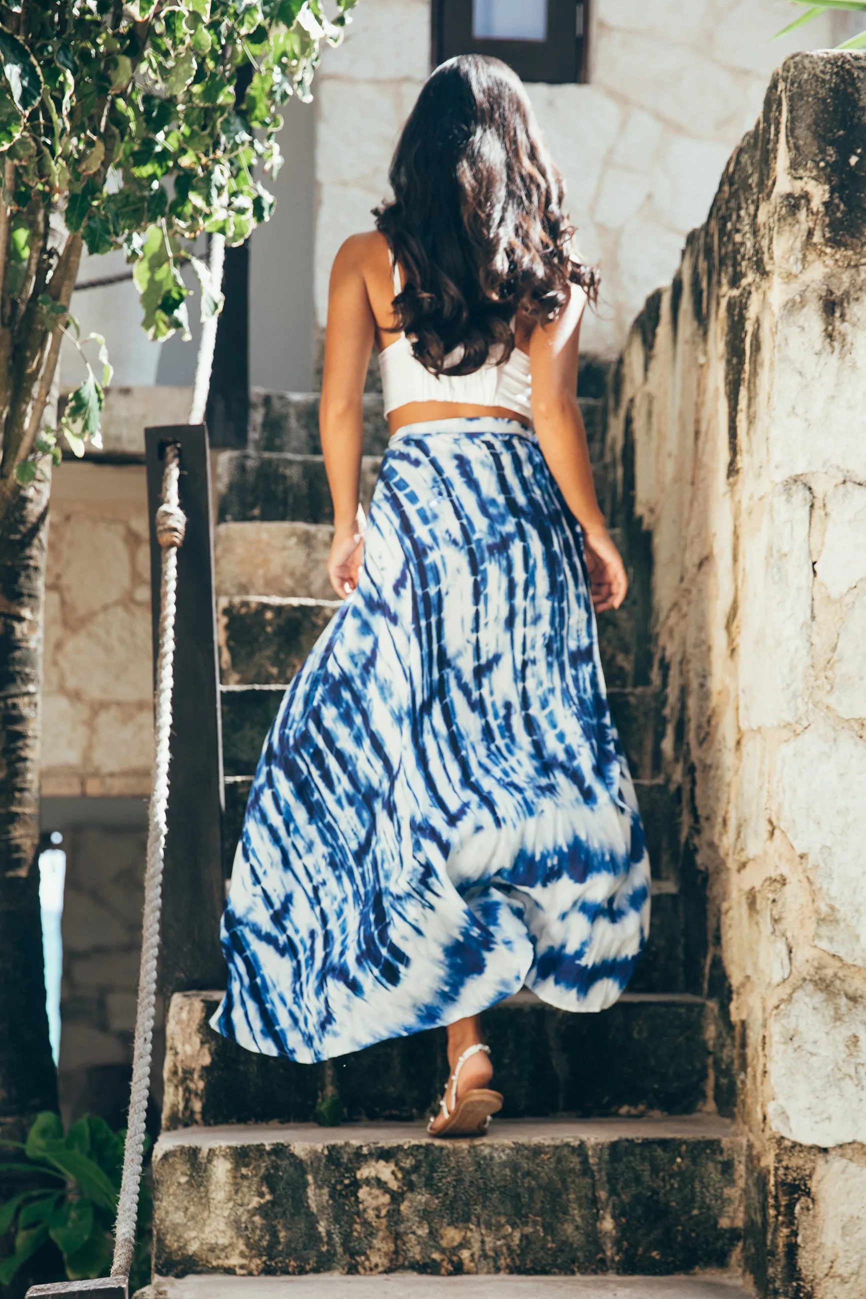 SukiSo Women's Maxi Wrap Skirt in Blue Tie-Dye