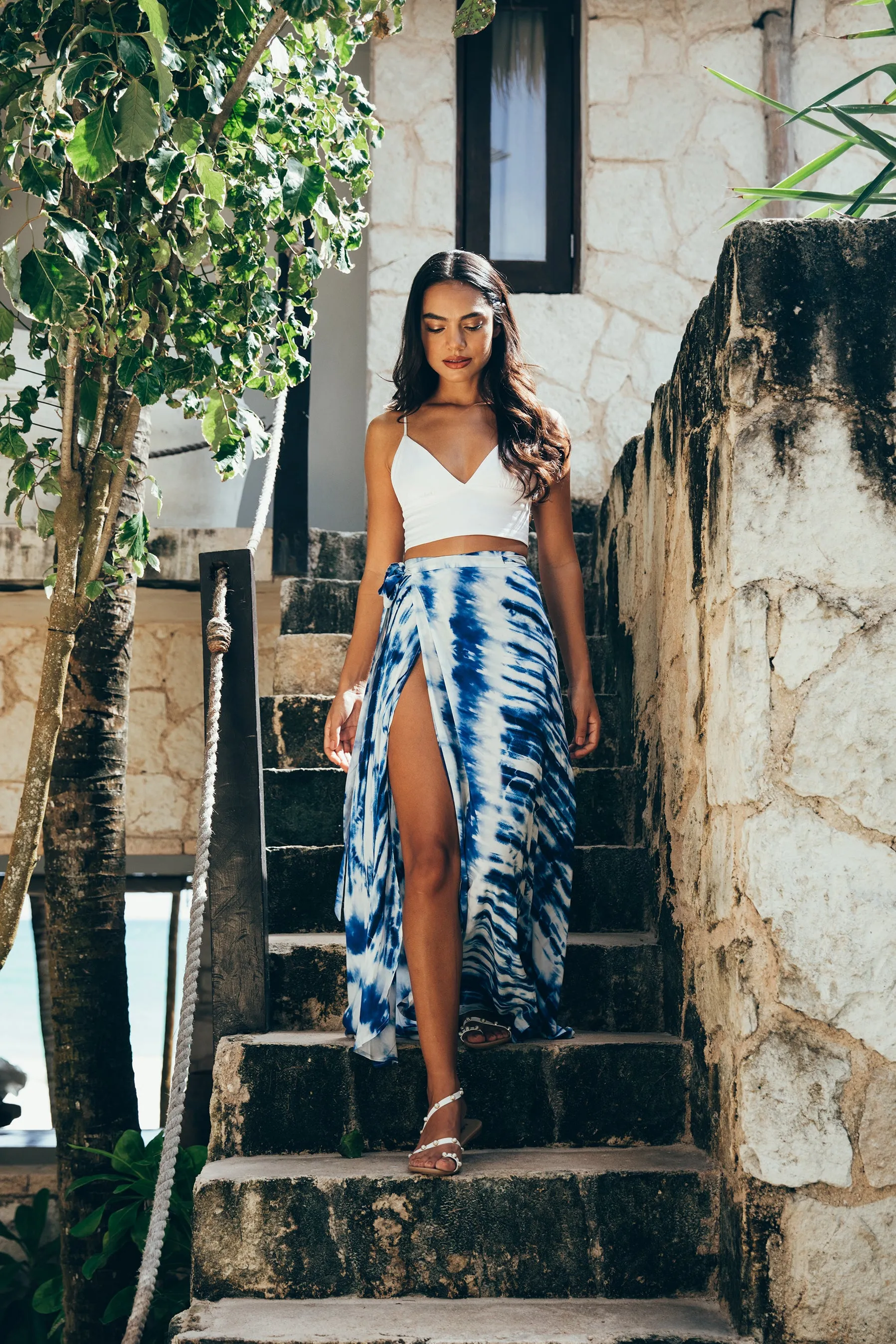 SukiSo Women's Maxi Wrap Skirt in Blue Tie-Dye
