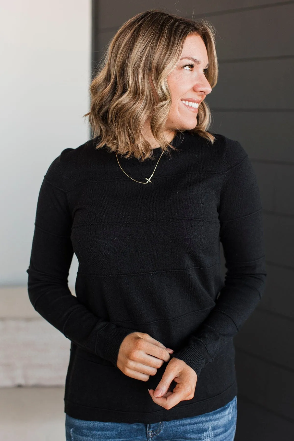 Sweet Kisses Striped Knit Sweater- Black