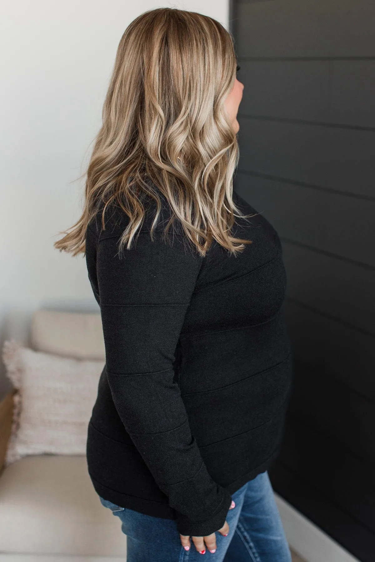Sweet Kisses Striped Knit Sweater- Black