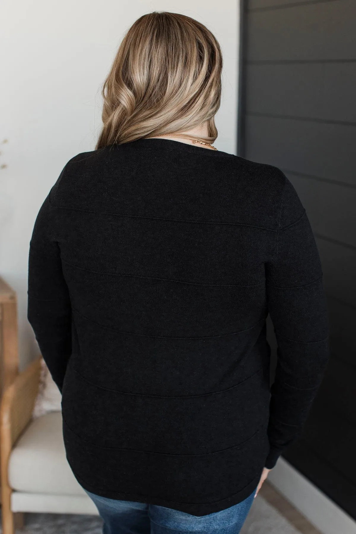 Sweet Kisses Striped Knit Sweater- Black