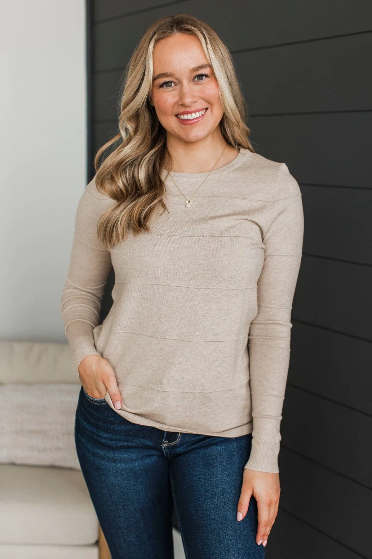 Sweet Kisses Striped Knit Sweater- Oatmeal
