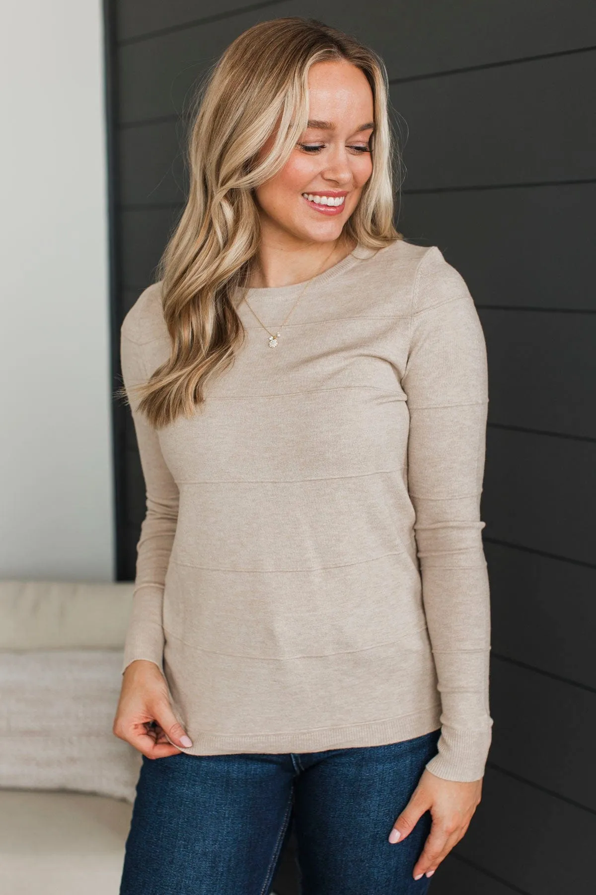 Sweet Kisses Striped Knit Sweater- Oatmeal
