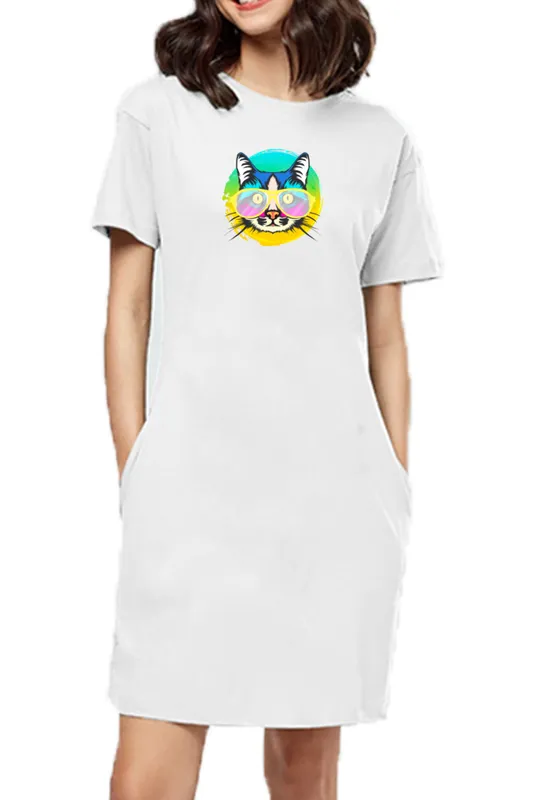 T-shirt Dress With Pockets - Cat With Glasses (6 Colours) (Slim Fit)