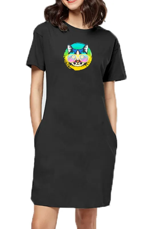 T-shirt Dress With Pockets - Cat With Glasses (6 Colours) (Slim Fit)