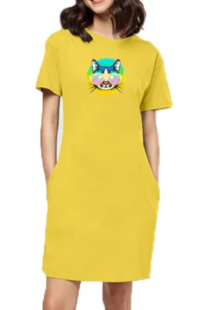 T-shirt Dress With Pockets - Cat With Glasses (6 Colours) (Slim Fit)