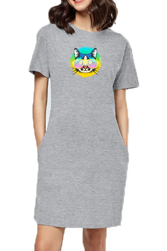 T-shirt Dress With Pockets - Cat With Glasses (6 Colours) (Slim Fit)