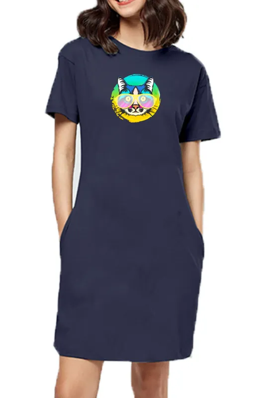T-shirt Dress With Pockets - Cat With Glasses (6 Colours) (Slim Fit)