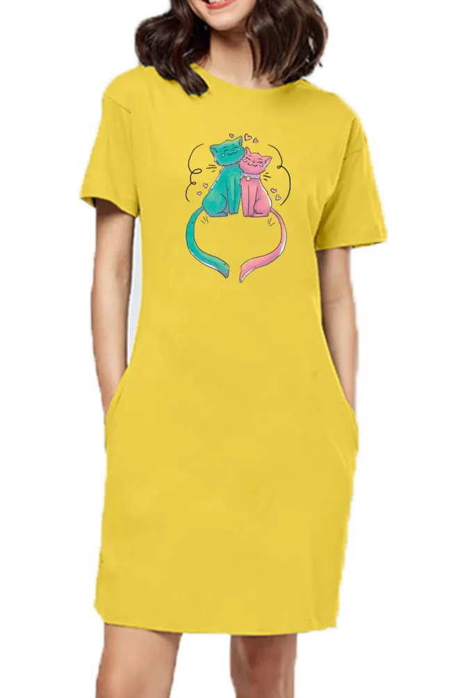 T-shirt Dress With Pockets - Cats In Love (4 Colours) (Slim Fit)