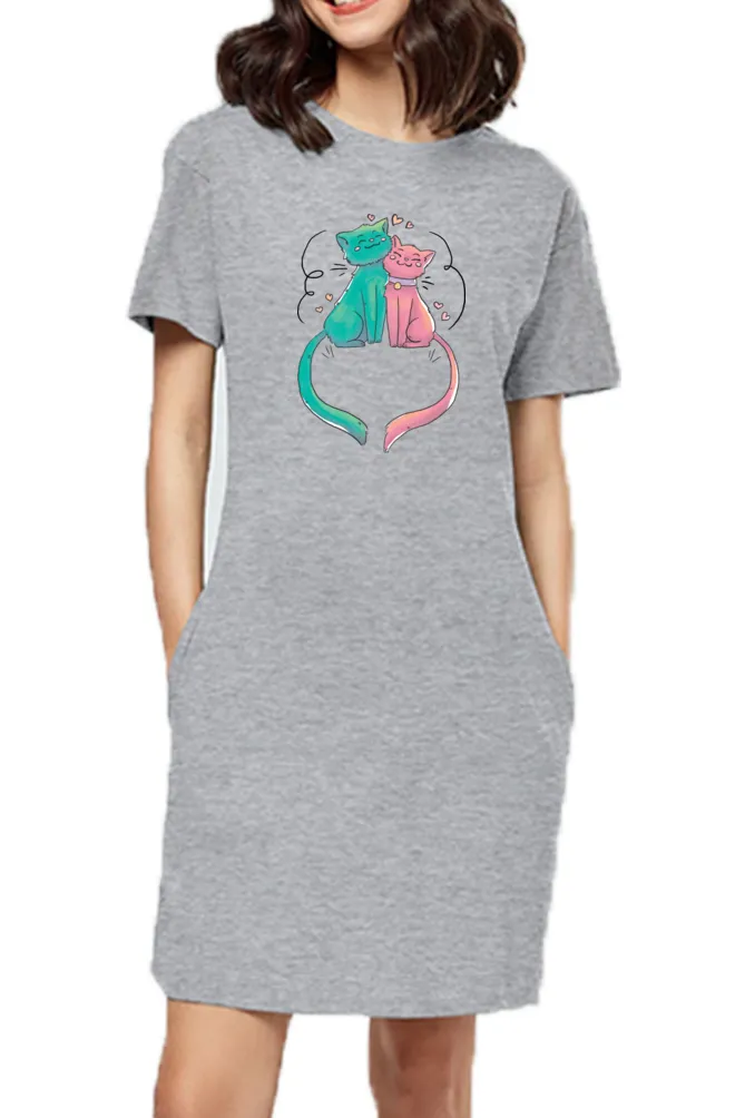 T-shirt Dress With Pockets - Cats In Love (4 Colours) (Slim Fit)