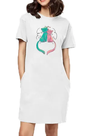 T-shirt Dress With Pockets - Cats In Love (4 Colours) (Slim Fit)