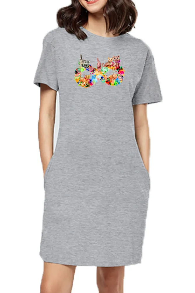 T-shirt Dress With Pockets - Infinity Cat Love (3 Colours) (Slim Fit)