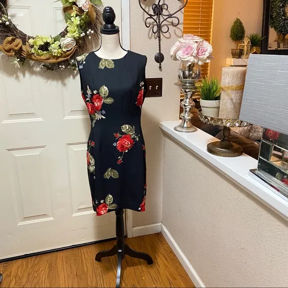 Taiga Paris Black Floral Print Vintage SheathDress
