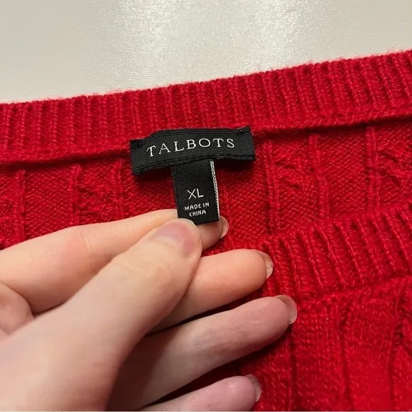 Talbots Red Cable Knit Cotton Blend Pullover Sweater Size XL Button Cuff