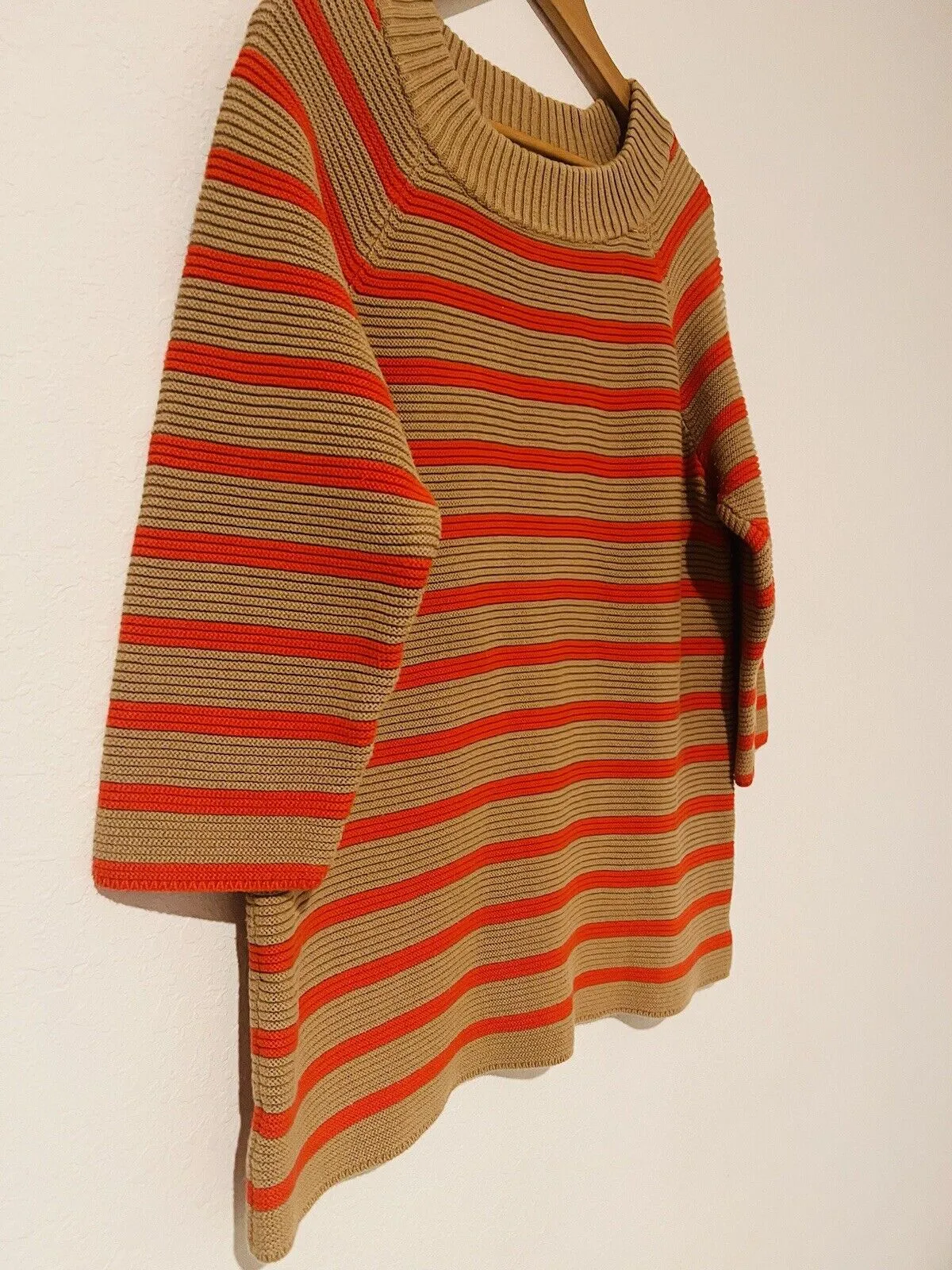 TALBOTS Striped Tunic Sweater Sz 1X Orange/beige 3/4 Sleeve Heavy Knit