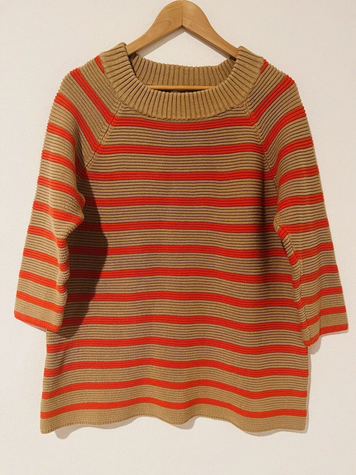 TALBOTS Striped Tunic Sweater Sz 1X Orange/beige 3/4 Sleeve Heavy Knit