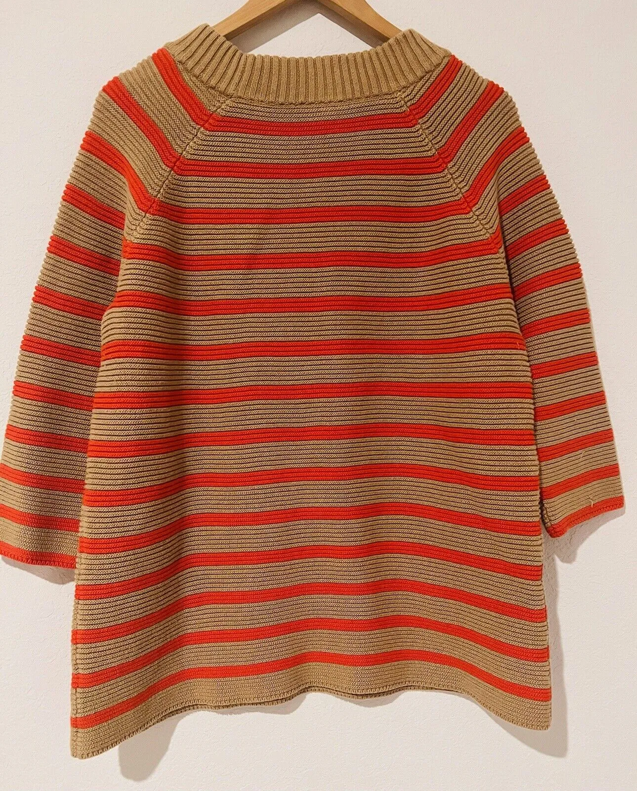 TALBOTS Striped Tunic Sweater Sz 1X Orange/beige 3/4 Sleeve Heavy Knit
