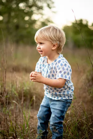 The Cameron Henley in Blue Block Print