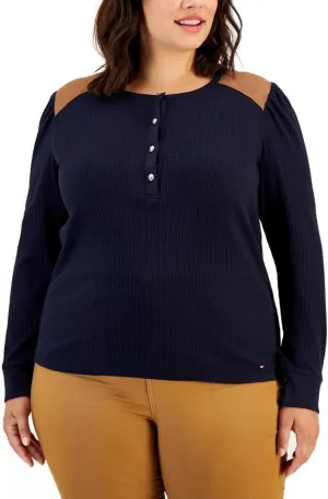 Tommy Hilfiger Womens Plus Waffle Knit Thermal Henley Sky Captian Blue 3X