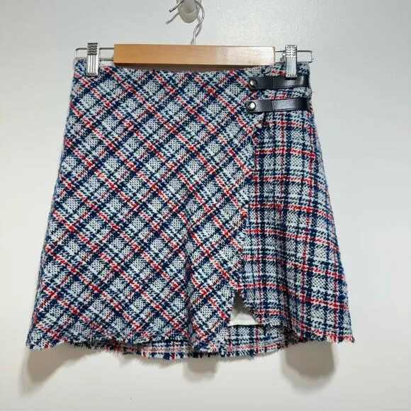 Urban Outfitters Huntley Wool Wrap Mini Skirt size S Plaid Motif Blue NWT