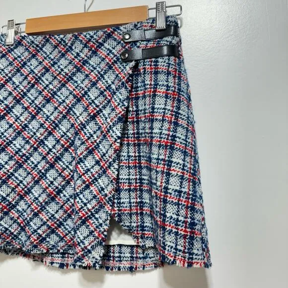 Urban Outfitters Huntley Wool Wrap Mini Skirt size S Plaid Motif Blue NWT