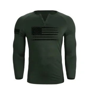 USA FLAG 1/4 BUTTON V-NECK LONG SLEEVE HENLEY SHIRT
