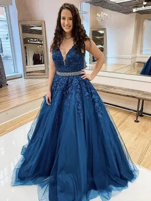 V Neck Beaded Blue Lace Floral Long Prom Dresses, Blue Lace Formal Evening Dresses with Appliques