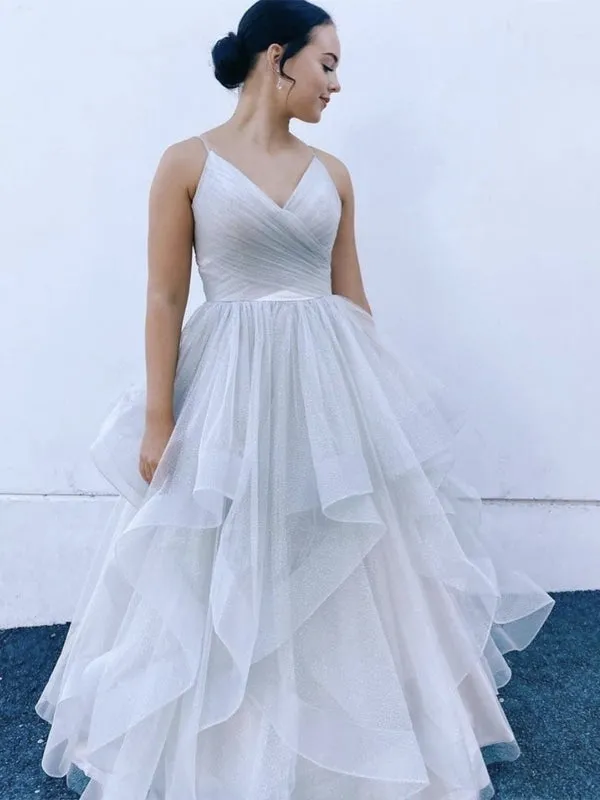 V Neck Fluffy Light Gray Long Prom Dresses, V Neck Light Gray Formal Evening Dresses, Light Gray Ball Gown