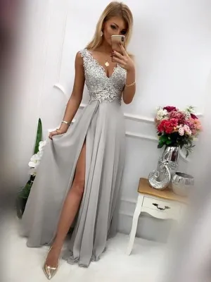 V Neck Long Grey Lace Prom with Slit, Grey Lace Long Formal Graduation Evening