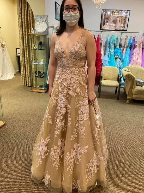 V Neck Open Back Champagne Tulle Lace Long Prom Dresses, Champagne Lace Formal Graduation Evening Dresses