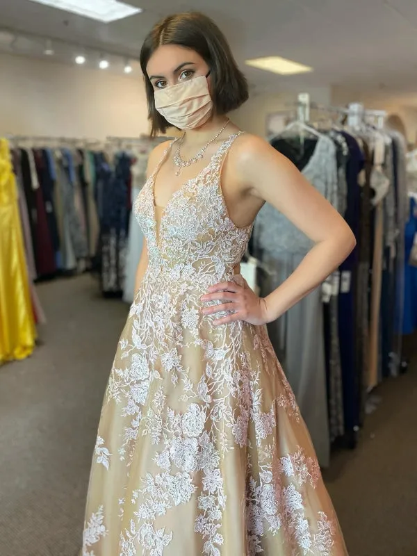 V Neck Open Back Champagne Tulle Lace Long Prom Dresses, Champagne Lace Formal Graduation Evening Dresses