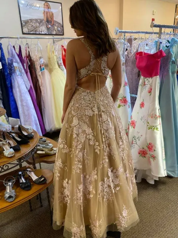 V Neck Open Back Champagne Tulle Lace Long Prom Dresses, Champagne Lace Formal Graduation Evening Dresses