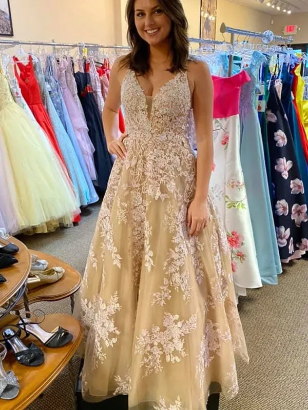 V Neck Open Back Champagne Tulle Lace Long Prom Dresses, Champagne Lace Formal Graduation Evening Dresses