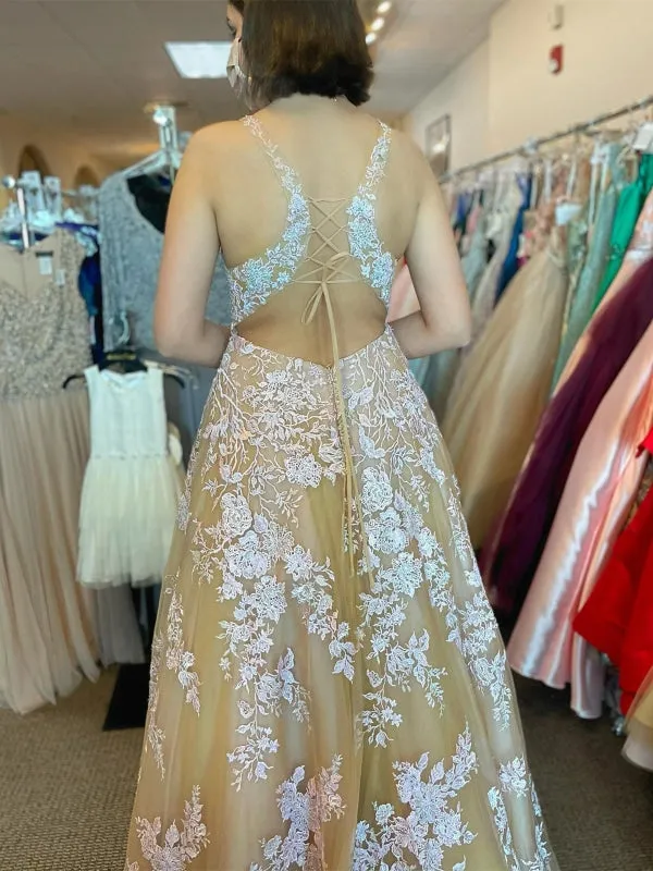 V Neck Open Back Champagne Tulle Lace Long Prom Dresses, Champagne Lace Formal Graduation Evening Dresses