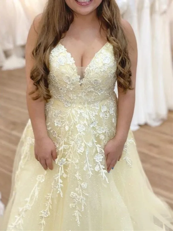 V Neck Open Back Yellow Lace Floral Long Prom, Yellow Lace Formal, Yellow Evening