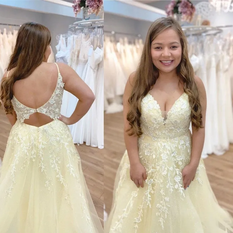 V Neck Open Back Yellow Lace Floral Long Prom, Yellow Lace Formal, Yellow Evening