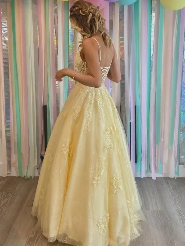 V Neck Open Back Yellow Lace Tulle Long Prom Dresses, Yellow Lace Formal Graduation Evening Dresses