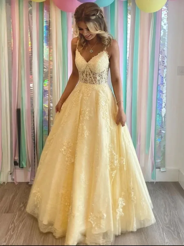 V Neck Open Back Yellow Lace Tulle Long Prom Dresses, Yellow Lace Formal Graduation Evening Dresses