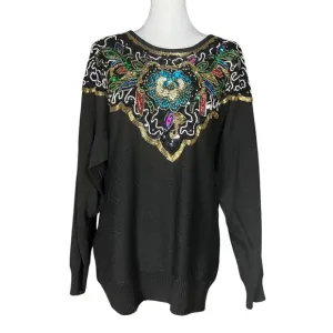 Vintage 80s Heavily Beaded Sequin Sweater. M/L. Black, Colorful, Gold Maximalism
