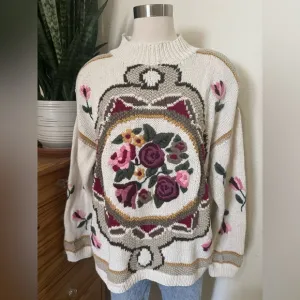 Vintage Handknitted Floral Embroidered Knit Sweater by C.I.E Express Medium