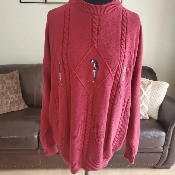 Vintage IZOD Embroidered Red Golf Sweater Size Large 100% Cotton
