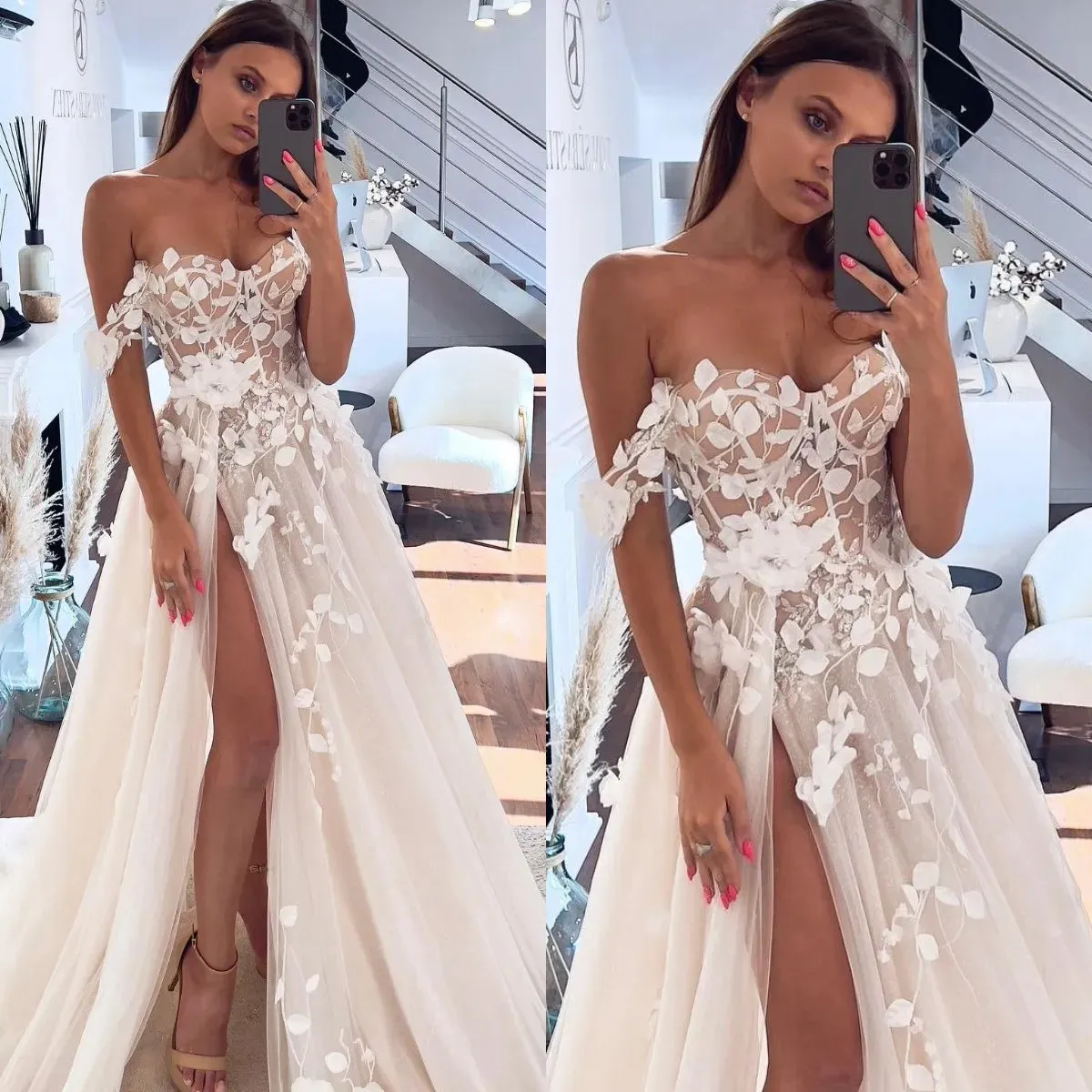 Vintage Lace Wedding Dress Off-Shoulder Appliques Bridal Dress   fg7443