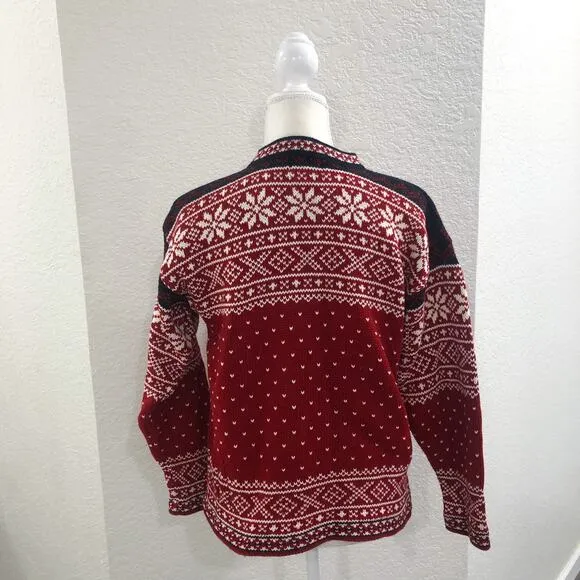 Vintage L.L. Bean Nordic Fair Isle Snowflake Red Cotton Knit Sweater
