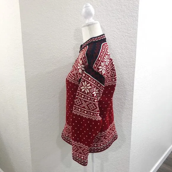 Vintage L.L. Bean Nordic Fair Isle Snowflake Red Cotton Knit Sweater