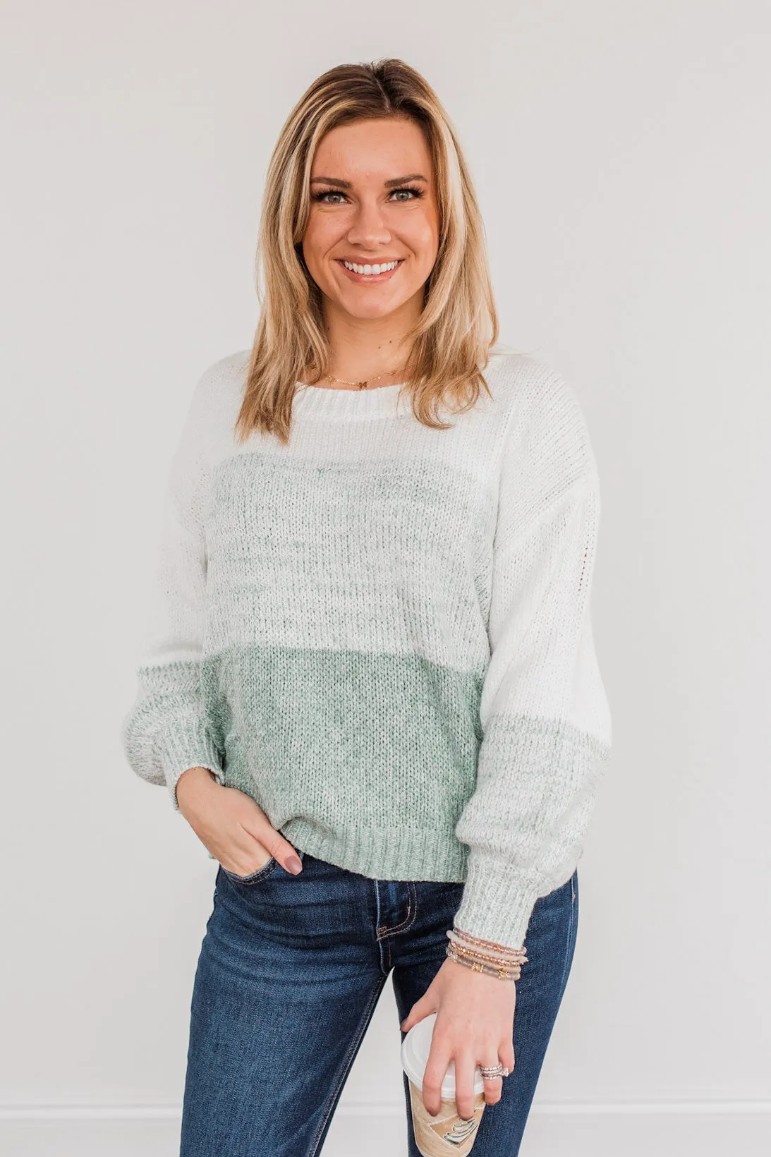 Warm Hugs Knit Color Block Sweater- Light Sage