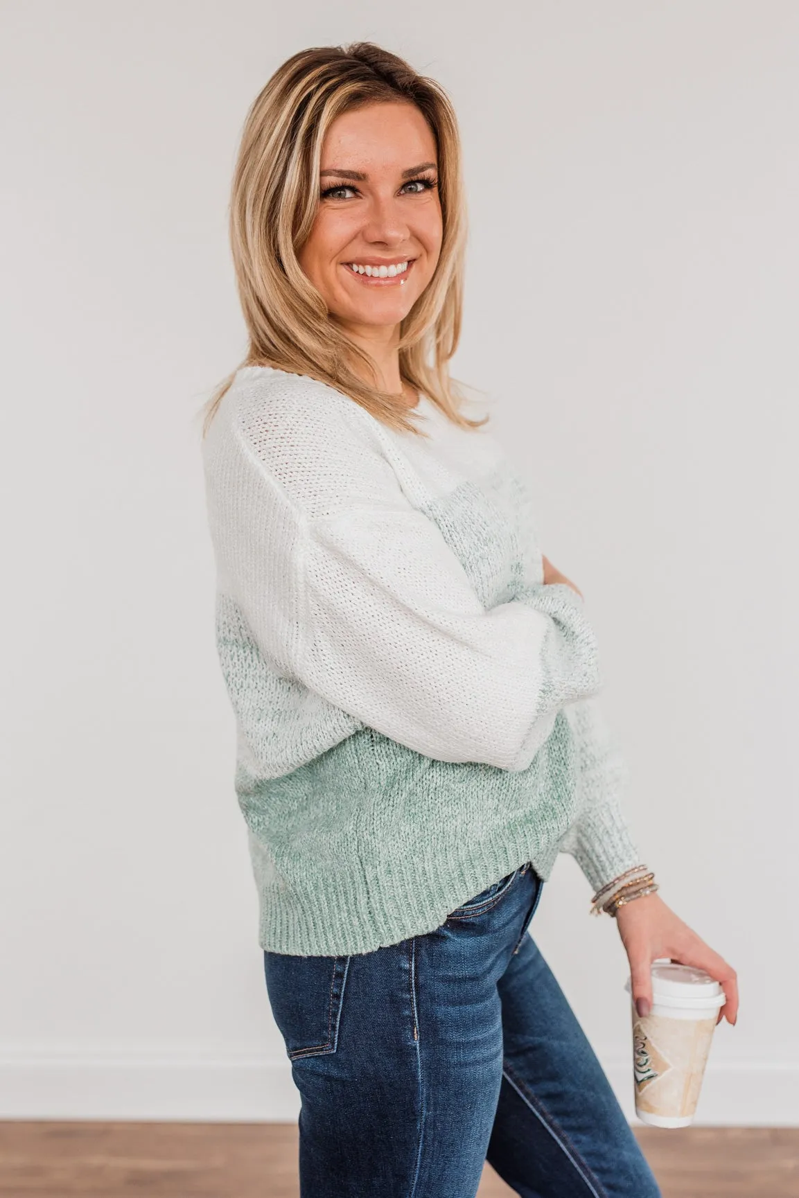 Warm Hugs Knit Color Block Sweater- Light Sage