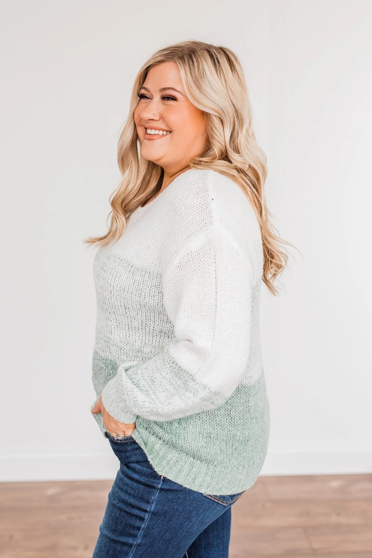 Warm Hugs Knit Color Block Sweater- Light Sage