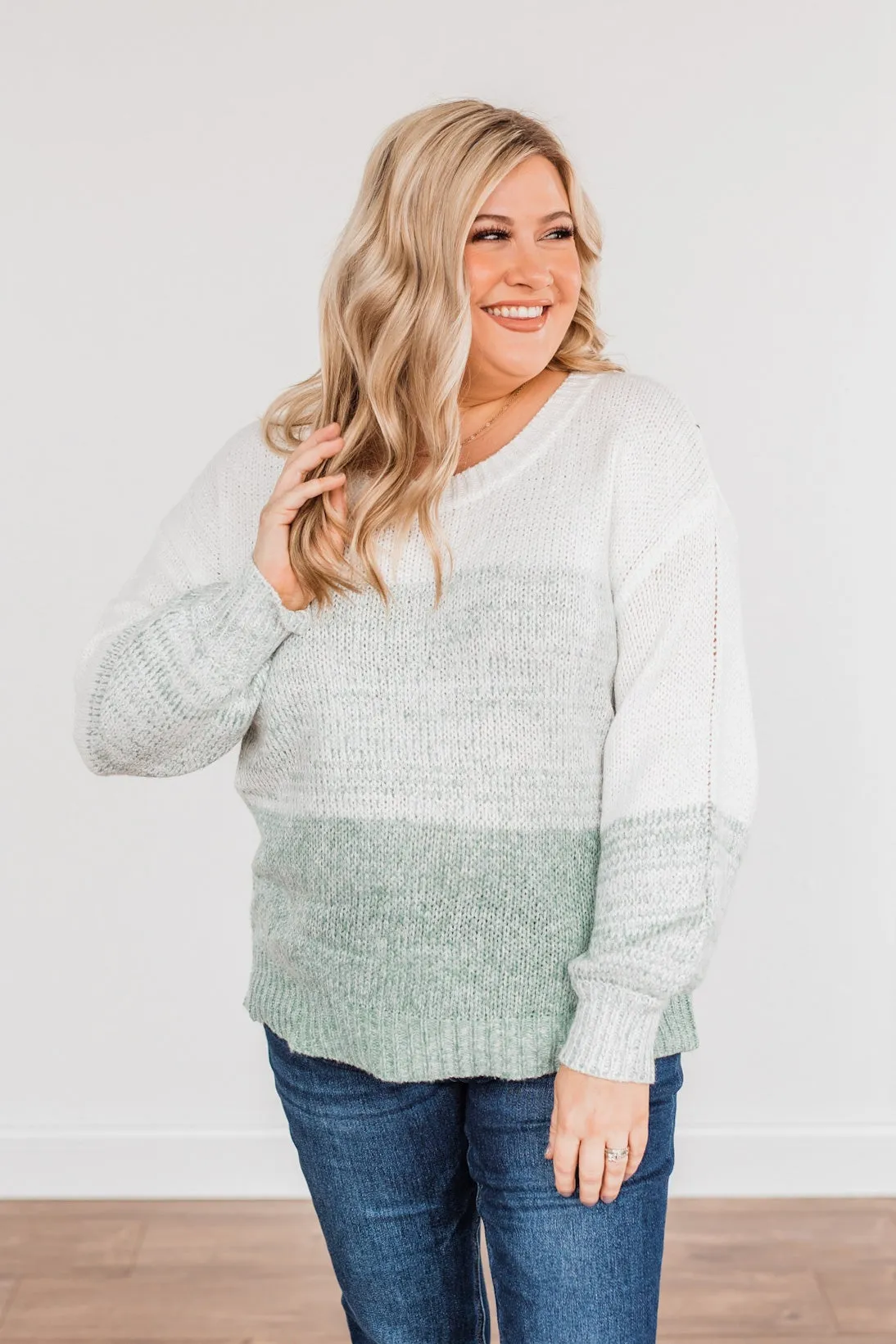 Warm Hugs Knit Color Block Sweater- Light Sage